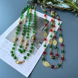 Chains Real Gold Plating Marking Middle Long Red Green Glass Round Bead Necklace Metal Ball Oval Piece Sweater ChainChains
