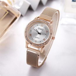 Wristwatches Women Luxury Shining Crystal Fashion DQG Watches Gold Stainless Steel Mesh Strap Quartz Watch Magnet Buckle Ladies