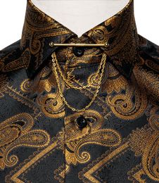 Men's Casual Shirts Gold Black Paisley For Men Luxury Silk Men's Business Dress Shirt Long Sleeve With Collar Pin ClothingMen's