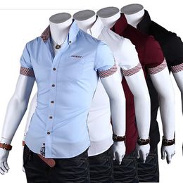 Men Dress Shirt Short Sleeve New Solid Male Clothing Slim Fit Business Shirts White Blue YESS-9019276V