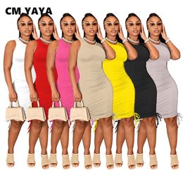 CM.YAYA Drawstring Side Ruched Women Midi Elastic Dress Solid Basic Classic Sleeveless Bodycon Pencil Mini Summer Dresses 220516