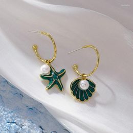 Dangle & Chandelier 2022 Arrival Metal Trendy Geometric Blue Asymmetric Starfish Shell Pearl Gold Colour Earrings For Women Fashion Jewellery P