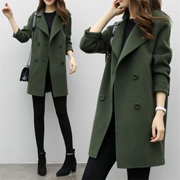 Misturas de lã feminina Jaqueta de inverno Casaco de lã de lã de manga longa colarinho verde de colarinho verde casual outono elegante sobretudo 220826