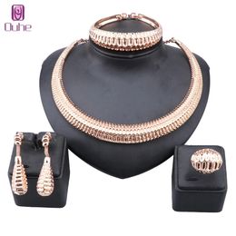 Women African Beads Jewellery Set Wedding Choker Necklace Earring Bangle Ring Bridal Dubai Gold Colour Jewellery Sets