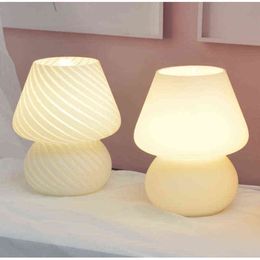 Glass LED Desk Lamp For Bedroom Bedside Korean Ins Style Striped Mushroom Table Lamp Decor Cute Glass Translucent Bedside Lamp H220423