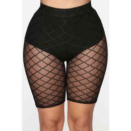 2019 Women Fishnet High Waist Shorts Fashion Mesh Sheer See Through Hollow Legging Shorts Swimwear Casual Skinny Trousers Y220417