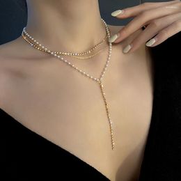 Chokers COWBREAD Multi-layer Necklace For Women Flashing Diamond Y-shaped Pearl Clavicle Chain Neck Women's Jewellery Morr22