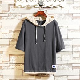 Summer Cotton T shirt Male Hooded False Two Pieces Loose Solid Patchwork Short Sleeve T Shirts Men Casual Tops Tees M 5XL LJ200827