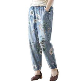 Fashion Printed Jeans Women 2021 Summer New Retro Thin Loose Fashion Elastic Waist Harem Pants Female Calf-Length Denim Pants L220726