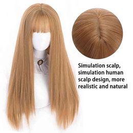 Synthetic Long Straight Hair Blonde White Highlights Female Cosplay Lolita Wig Black Bangs Heat-resistant w 220622