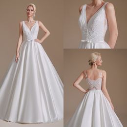 Elegant V Neck Satin A Line Wedding Dresses Sheer Lace Applique Backless Sweep Train Bridal Gowns Vestidos De Novia