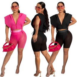 Women's Tracksuits Summer Hooded 2 Pieces Club Outfits Women Hoodie Open Chest Zipper Up Crop Top And Mesh Biker Shorts Casual Solid Matchin