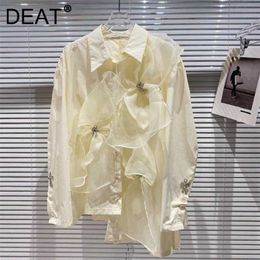 DEAT Women Asymmetrical Mesh Bow Shirt Turn-down Collar Long Sleeve Fashion Temperament Spring Autumn 11D1933 210709