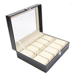 Watch Boxes & Cases Men Box Black PU Leather Display Jewellery Storage With Lock Glass High Quality Large 10 GridWatch Hele22