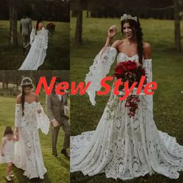 UPS 2022 Vintage Crochet Lace Boho Wedding Gowns with Long Sleeve Off Shoulder Countryside Bohemian Celtic Hippie Bride Dresses Robe B