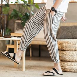 MRDONOO Striped Linen Cotton Men Harem Pants Chinese Style Cropped Trousers Linen Pants Bermuda Casual Harem Pants A032-K59 201128