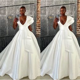 African White Satin Bridal Gowns A Line Wedding Dresses For Woman Deep Veck Custom Vintage Illusion Big Bow Vestido De Novia