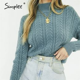 Oneck knitted women pullover sweater Autumn winter puff sleeve female sweater Solid green ladies leisure jumper 210203