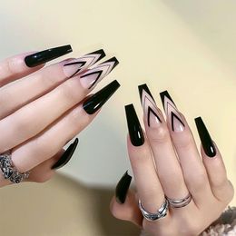 french manicured nails UK - False Nails 24Pcs Artificial Patch Rhinestone Inlaid Glue Type Removable Long Paragraph Fashion Manicure French Style Nail Tips