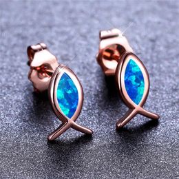 Stud Rose Gold Silver Color Wedding Earrings Female Cute Small Fish White Blue Opal Stone Tiny For Women PartyStud