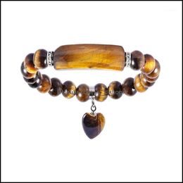 Beaded Strands Bracelets Jewelry Sier Plated Romantic Love Heart Connect Tiger Eye Stone Round Beads Stretchy Bracelet Rock Crystal Jewelry