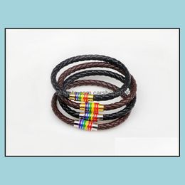 Charm Bracelets Jewelry Fashion Rainbow Woven Leather Stainless Steel Magnetic Buckle Bracelet For Men Women Gift 50Pcs Epacket Drop Deliver