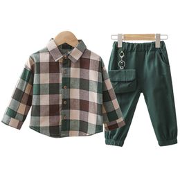 2PCS Children Clothing Sets Cotton Toddler Plaid Lapel Shirt Pants for Boys Clothes Autumn winter Outfit Baby Kids 220714