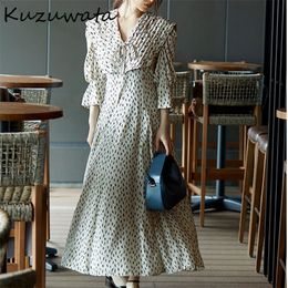 -Kuzuwata japanische Herbst Frauen Robe Süßtemperament Vestidos gegen Neck Puffhülle hohe Taille Kordelschnüre 220518