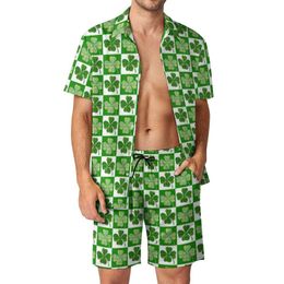 Men's Tracksuits Cute Shamrock Beach Men Sets Short Sleeve Checkerboard Print Casual Shirt Set Summer Graphic Shorts Male Vintage Plus Size