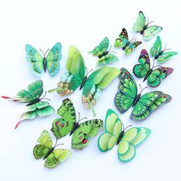 12pcs/set çok renkli çift katmanlı kanatlar 3D kelebek duvar çıkartması mıknatıs PVC Kelebekler Buzdolabı Sticker