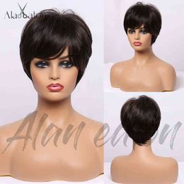 Black short straight brown wig with inclined bangs high temperature fiber synthetic Cosplay for women 220527