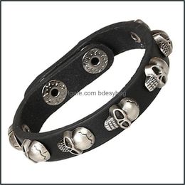 Tennis Bracelets Jewellery Rock Skl Charm Bracelet Black Genuine Leather Man Boyfriend Fashion Charming Wrap Dhrpm