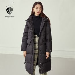 FANSILANEN Autumn winter long black down coat Women 90% white duck down hooded puffer jacket Feather wram light down parka 201126