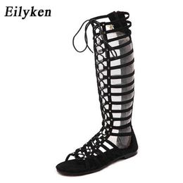 Women Sandals Eilyke High Quality Leather Strappy Open Toe Knee Summer Gladiator Flat Roman Bandage Casual Boots 0211
