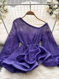 Women's Blouses & Shirts Summer Women Hollow Out Blouse Female Purple/Black/White Puff Long Sleeve Irregular Skew Collar Ruffle Fashion 2022