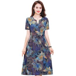 Plus Size XL New Women Summer Long Dress Slim Flowers Print Dress Women High Quality V Neck Short Sleeve Casual Dress 210320