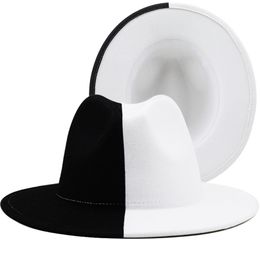 Black White Patchwork Wool Felt Jazz Fedora Women Unisex Wide Brim Panama Party Trilby Cowboy Cap Men Gentleman Wedding Hat 220718