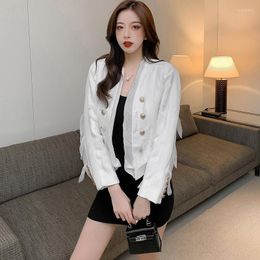 Women's Jackets 2022 Autumn Fashion Long Sleeve V Neck Mesh Patchwork Double Breasted Buttons Slim White Cardigan Jacket Tweed Coat
