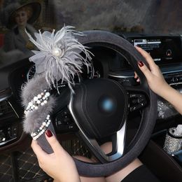 Steering Wheel Covers Luxury Lace Flower Car Plush Covered Winter Feather Steering-Wheel Interior Accessories Girls WomenSteering