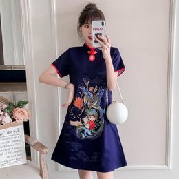 Ethnic Clothing Plus Size 3XL 4XL Navy Blue Elegant Party Modern Cheongsam Dress For Women Summer Short Sleeve Qipao Traditional Chinese Clo