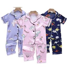 Children's Pyjamas Set Summer Baby Suit Kids Clothes Toddler Boys Girls Lce Silk Satin Cartoon Printing Tops Pants 2pc Home Wear 220706