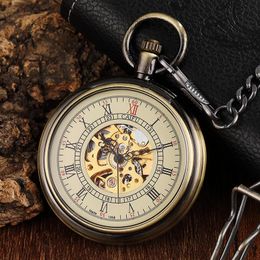 Pocket Watches Retro Bronze Hollow Skeleton Steampunk Mechanical Watch Men Unique Roman Number Dial Male Clock Chain Mens WatchesPocket