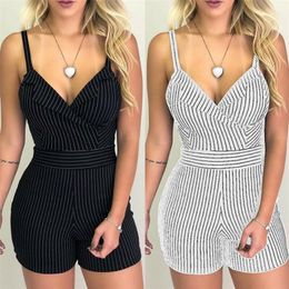 Summer Sexy Women Spaghetti Strap V-neck Striped Playsuit Jumpsuit Romper Beach Casual Female Loose Sleeveless Jumpsuits Clothes 220714