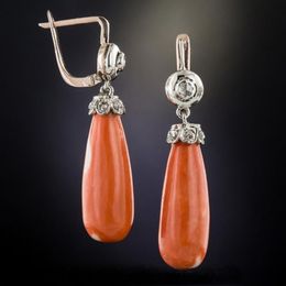 Dangle & Chandelier Retro Gold Color Coral Stone Long Drop Earrings For Women Orange Teardrop Baking Paint Glass Eardrop Earring Jewelry