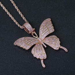 Pendant Necklaces Pink Cubic Zirconia Paved Bling Out Rose Gold Butterfly Pendants For Men Women Hip Hop Rapper JewelryPendant PendantPendan