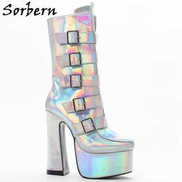 Sorbern Holo Mid Calf Boots Women Block High Heels Platform Shoes Buckles Side Zipper Custom Wide Fit Chunky Heel Shoes Punk