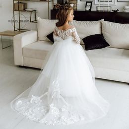 Girl's Dresses Long Sleeves Lace Princess Flower Girl 2022 Ball Gown Communion White For Little Girls Robe Mariage Enfant FilleGirl's