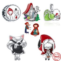 925 Silver Fit Pandora stitch Bead Little Red Riding Hood amp Big Bad Wolf Bracelet Charm Beads Dangle DIY Jewelry Accessories