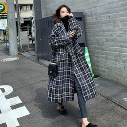 Autumn Winter Women Long Wool Blends Jackets Women Loose Tweed Plaid Jackets Trench Coats Outerwear Oversize 201215