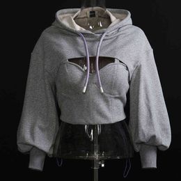 Women Crop Hoodie Hollow Out Spring Autumn Pullover Hooded Sweatshirt Tracksuit High Street T220726